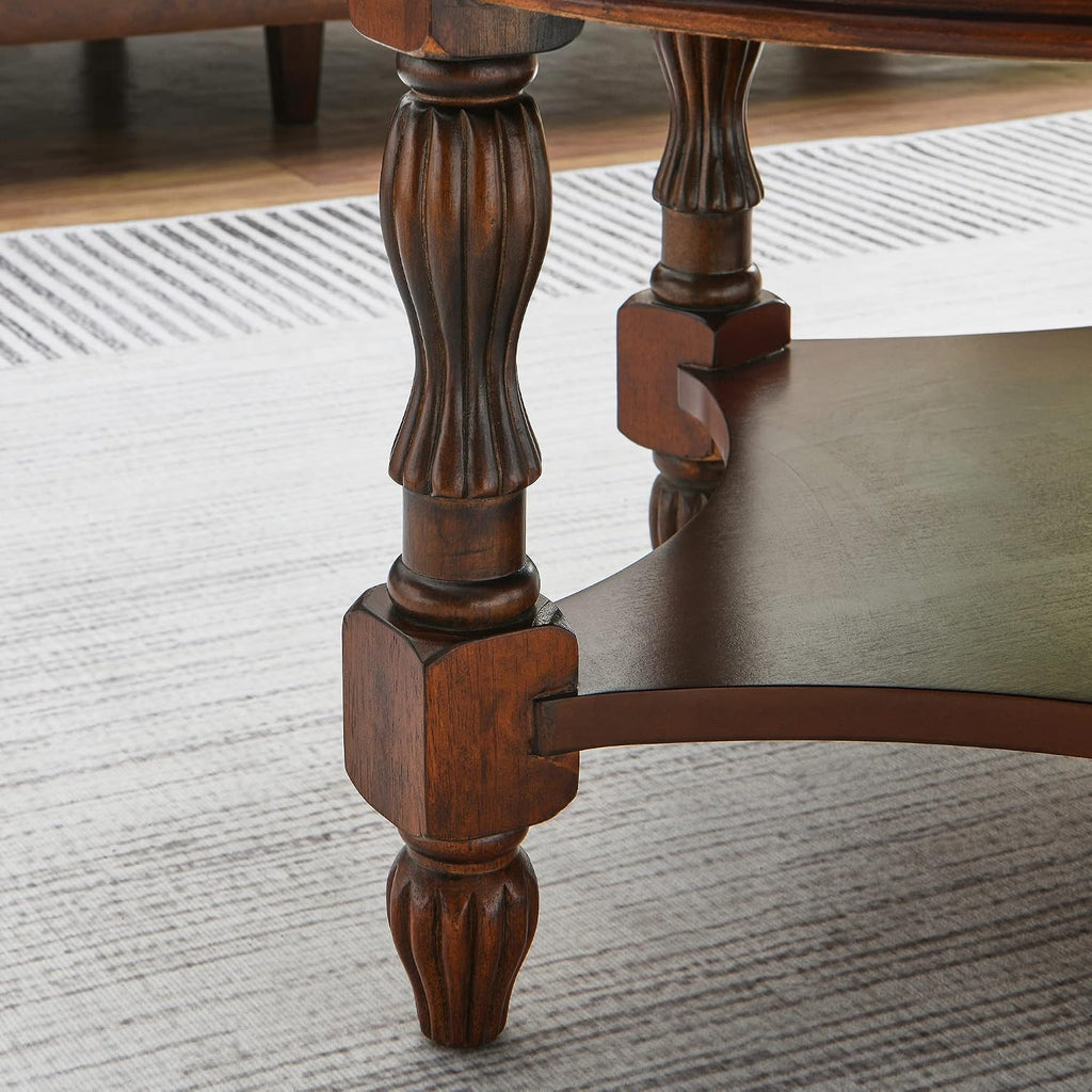 Solid Wood Coffee Table with Drawer and Storage Shelf, Traditional Living Room Cocktail Tea, Oval Center Carvings Side Vintage 46''Lx 29''Wx18.2''H Cherry Walnut KFZ1533WD-DR