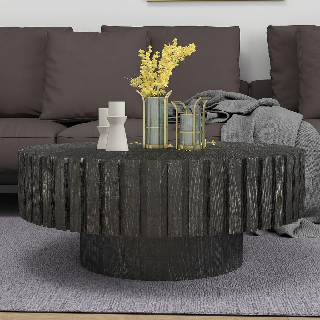 Round Wood Coffee Table for Living Room Modern Rustic Fluted Coffee Table Pedestal Center Table Circle Tea Tables for Apartment Easy Assembly 31.5'' Black