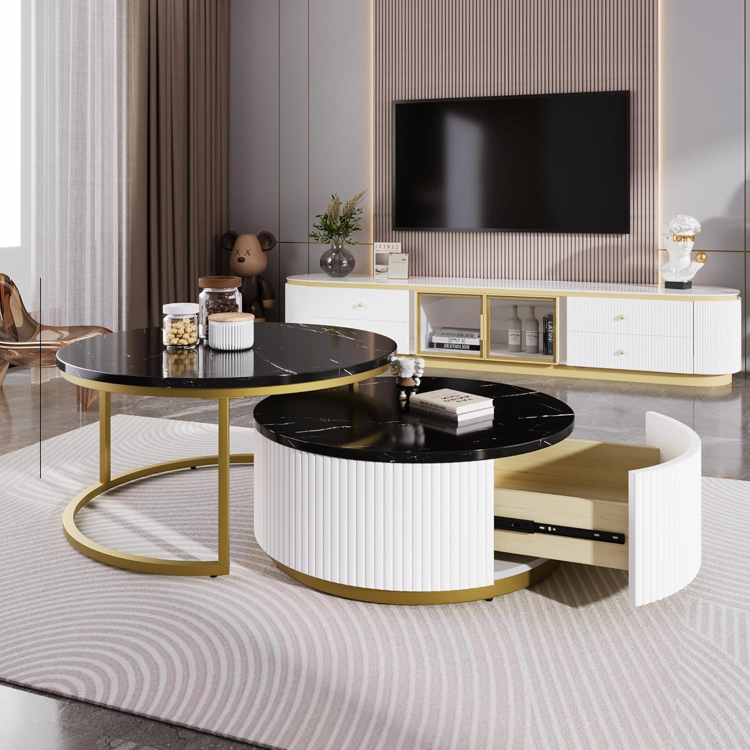 27.6' Lift-Top Nesting Coffee Table Set of 2, Modern Round Coffee Table with Drawer, Circular Wood Center Table Set for Living Room, Apartment, Black & Gold