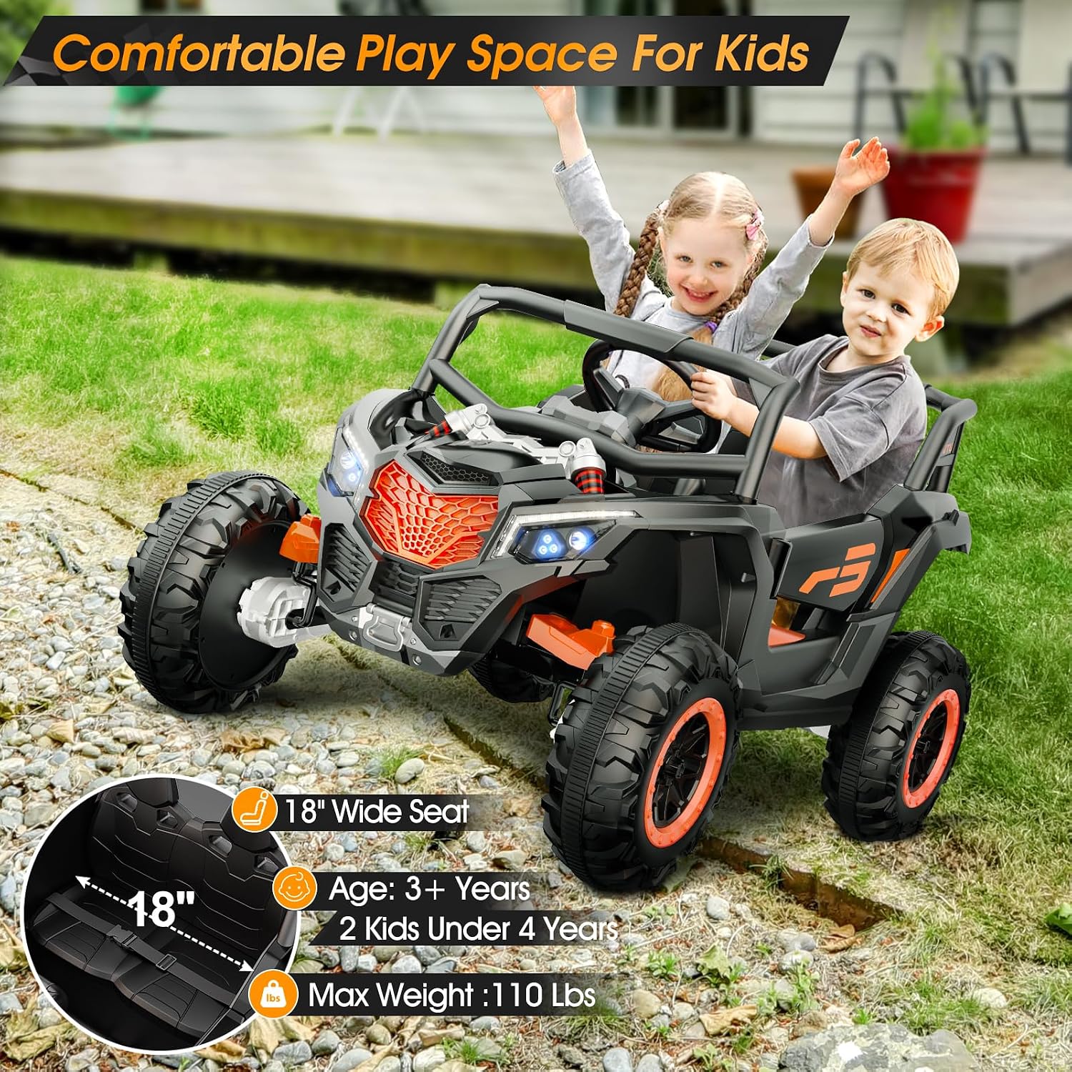 YunTopKids 2 Seater Ride On Car for Kids,12V 10AH Ride On UTV Toy,4WD Electric Car with Remote Control,4 Shock Absorbers,4 Motors, Soft Start,Music Player,Electric Cars for Kids Ages 3+,Black