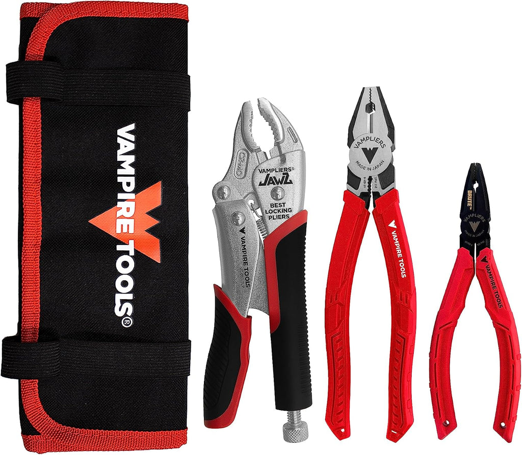 VAMPLIERS 3-PC Specialty Screw Extraction Pliers Set: Includes 8' PRO Linesman Pliers, JAWZ 7.5' Vise-Grip Locking Pliers, BRUTE 6.25' Black Oxide Finish Pliers + Vampliers Tool Pouch: VT-002-S3BP.