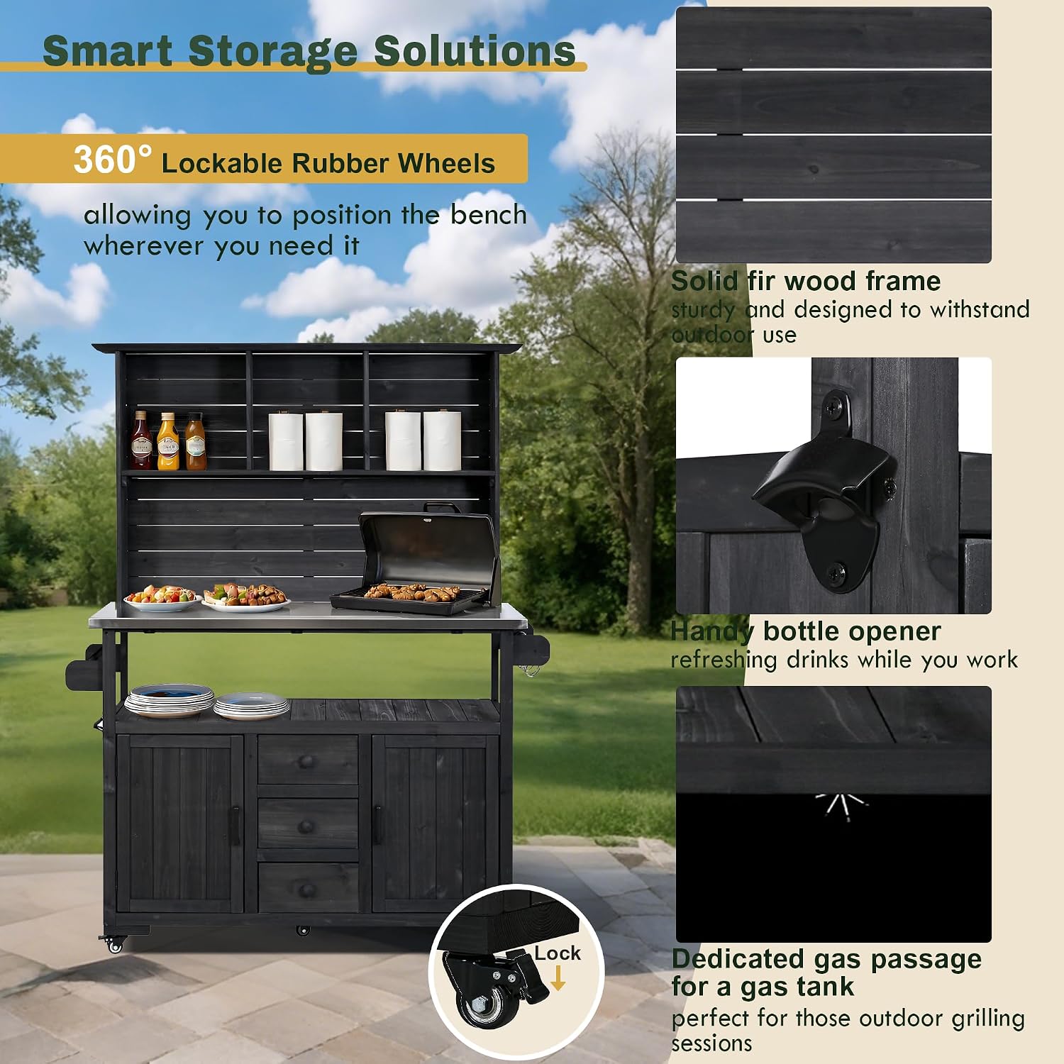 Merax 65''H Large Garden Storage Potting Bench with Lockable Wheels, Wood Outdoor Kitchen Island with Stainless Steel top, Drawers, Door Shelves and Hutch for Grilling, Black