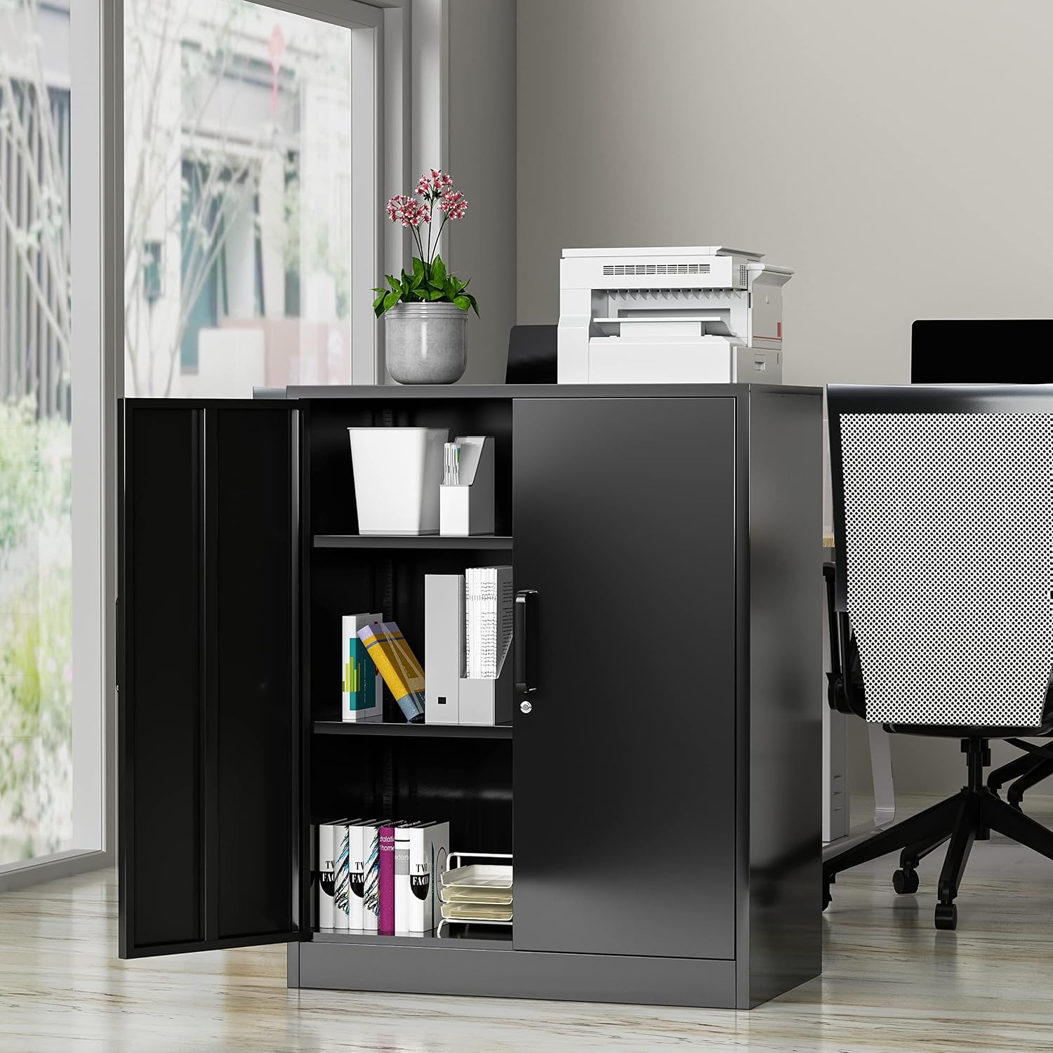 36' H Metal Garage Cabinet, 2 Doors Storage Cabinets, Steel Utility Tool Caninet, Short Locking Caninets with Adjustable Shelves, Black Lockable File Cabnet Cupboard for Home/Office/School/Shop