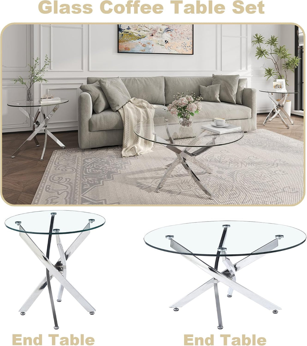 Round Glass Coffee Table Set of 3 Modern Living Room Table Set 1 Coffee & 2 End Table Set with Stainless Steel Legs, Clear Center Cocktail Tables (Silver, Set of 3 Round)