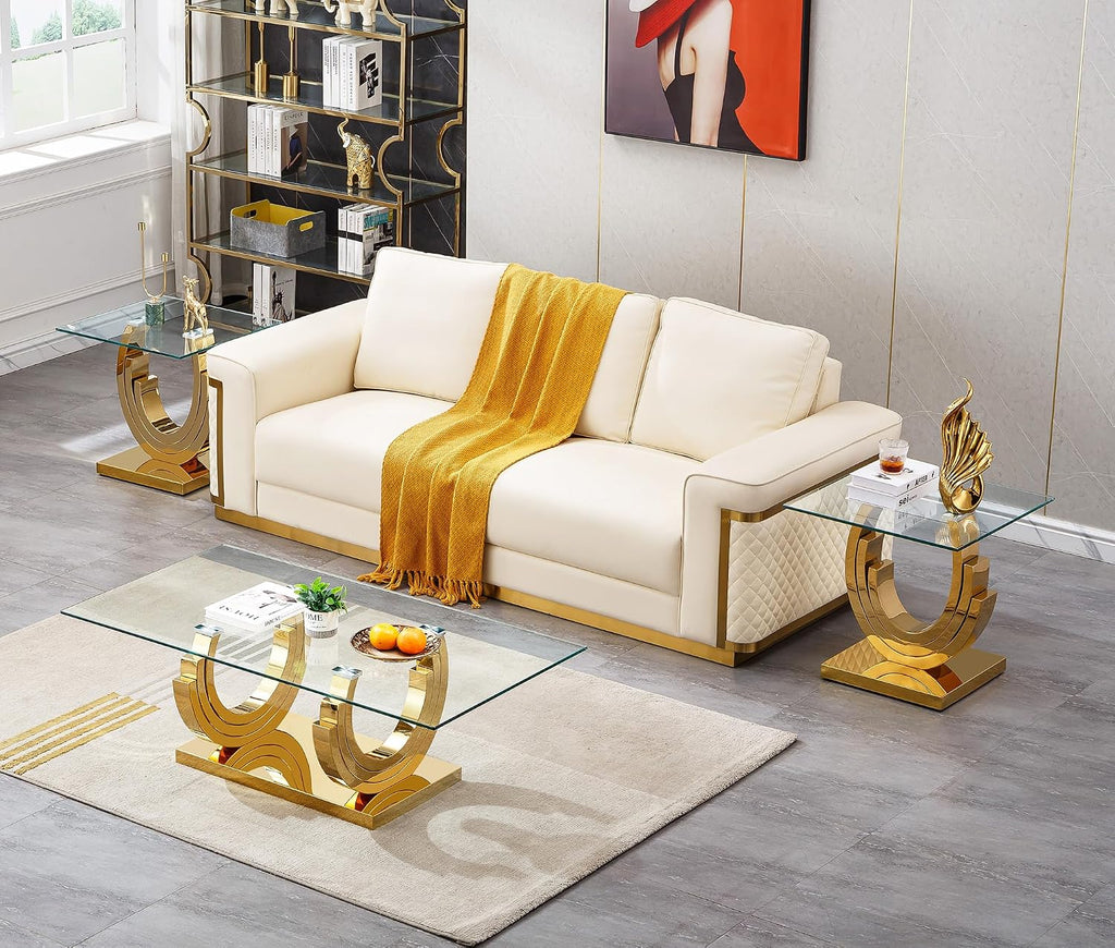 3 Pieces Living Room Table Set, Glass Coffee Table Set of 3, Modern Coffee Table and 2 End Tables with Three U-Shaped Stainless Steel Base for Living Room (Gold)