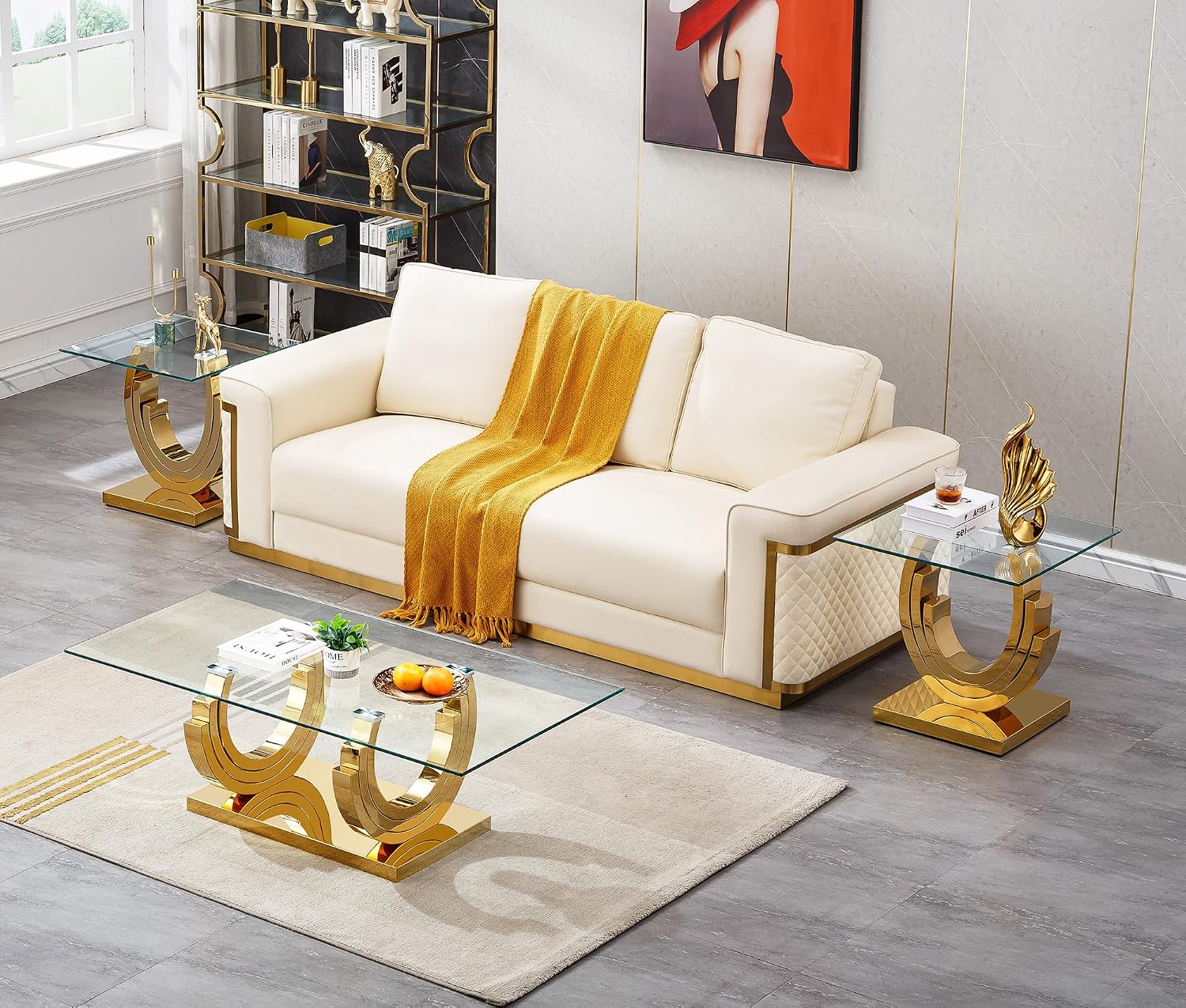 3 Pieces Living Room Table Set, Glass Coffee Table Set of 3, Modern Coffee Table and 2 End Tables with Three U-Shaped Stainless Steel Base for Living Room (Gold)