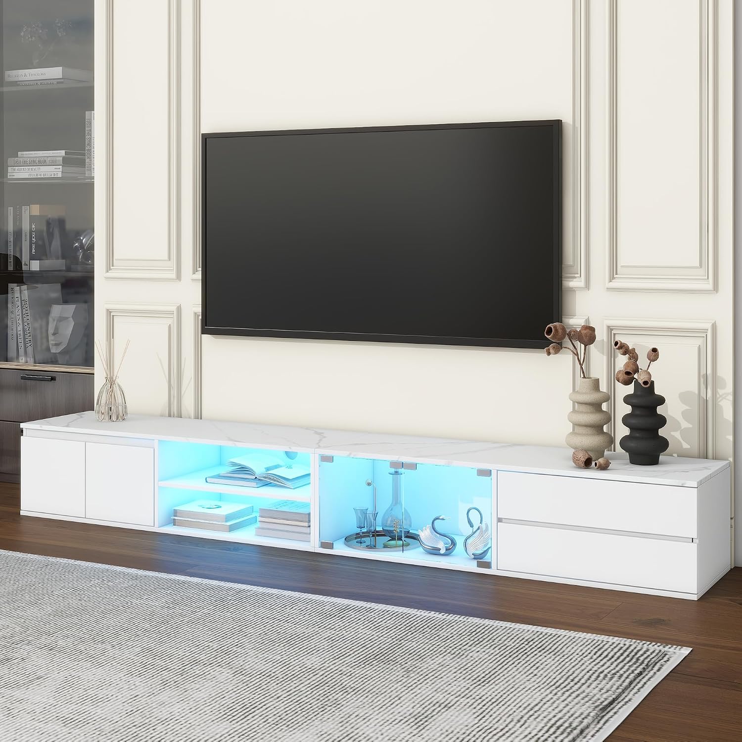 Virubi TV Stand with Faux Marble Tabletop for TVs Up to 105', Modern Media Console with APP Controlled LED & Tempered Glass Doors, Entertainment Center with Drawers for Living Room, White