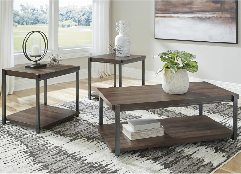 Signature Design by Ashley Trindwick Contemporary Table with Shelf and Casters, Set of 2, Gray & Dark Brown