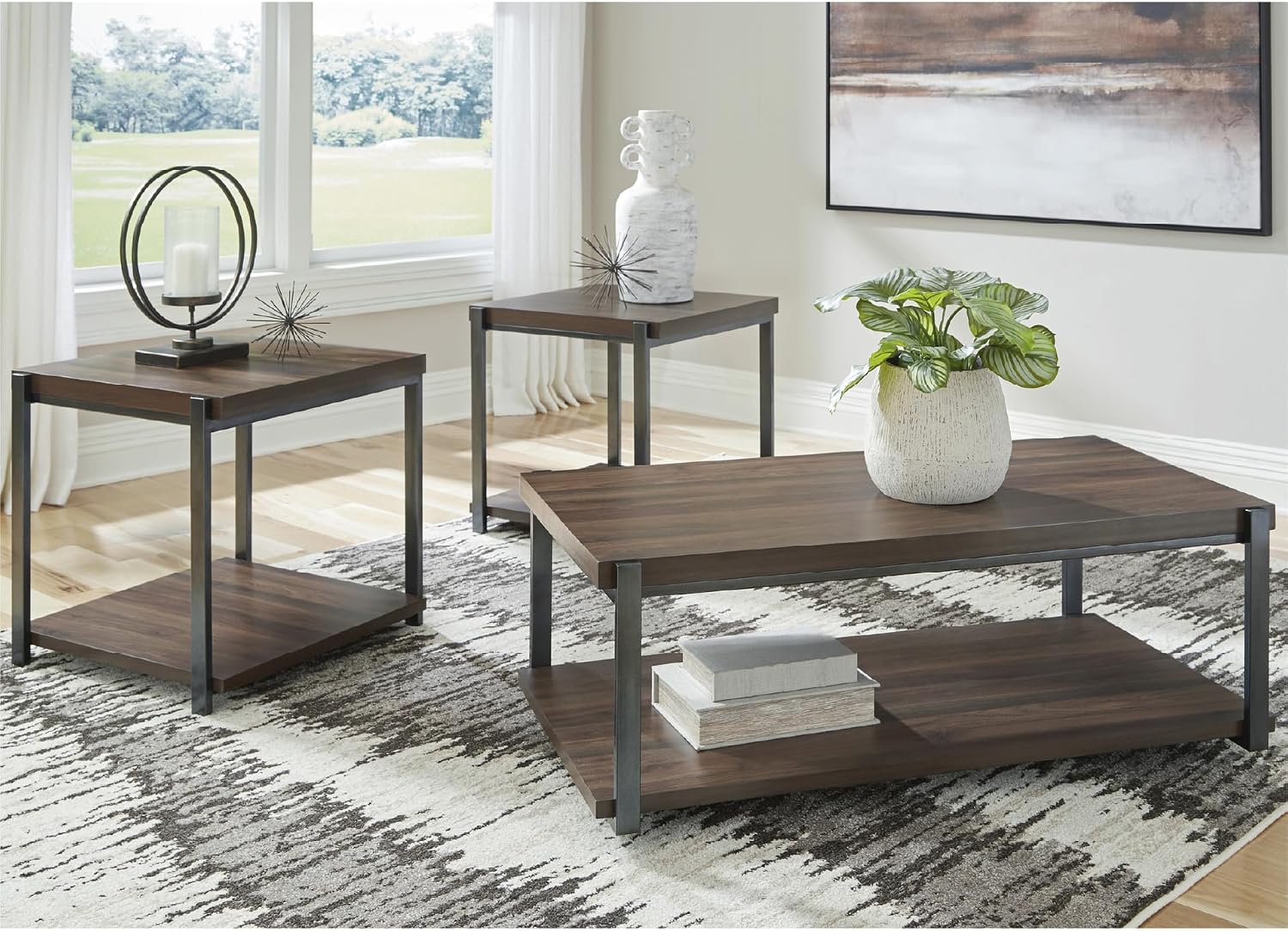 Signature Design by Ashley Trindwick Contemporary Table with Shelf and Casters, Set of 2, Gray & Dark Brown