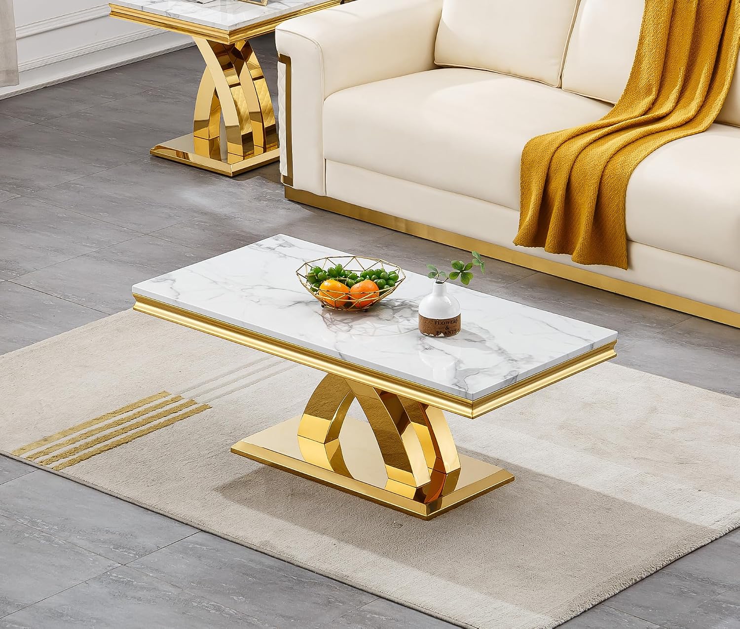 Modern Rectangle Coffee Table, 47-inch Coffee Tables for Living Room, White Faux Marble Coffee Table Accent Cocktail Table with Gold Stainless Steel X-Shape Frame for Home Office
