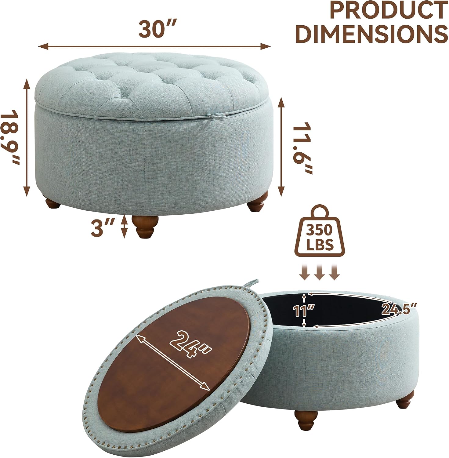 WUTUTUEE 30Inch Round Storage Ottoman with Tray, Modern Tufted Fabric Circle Coffee Table with Storage, Upholstered Ottoman with Removable Top for Living Room, Bedroom, Light Blue