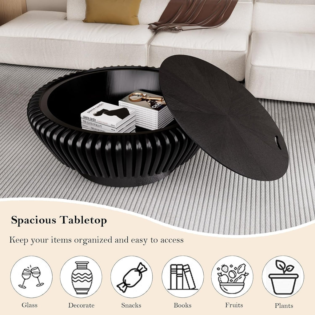 35.4' Fluted Coffee Table with Storage Rustic Chic Circle Drum Center Tables - Handcraft Solid Wood Fluted Veneer for Living Room (L Black 35.4in)
