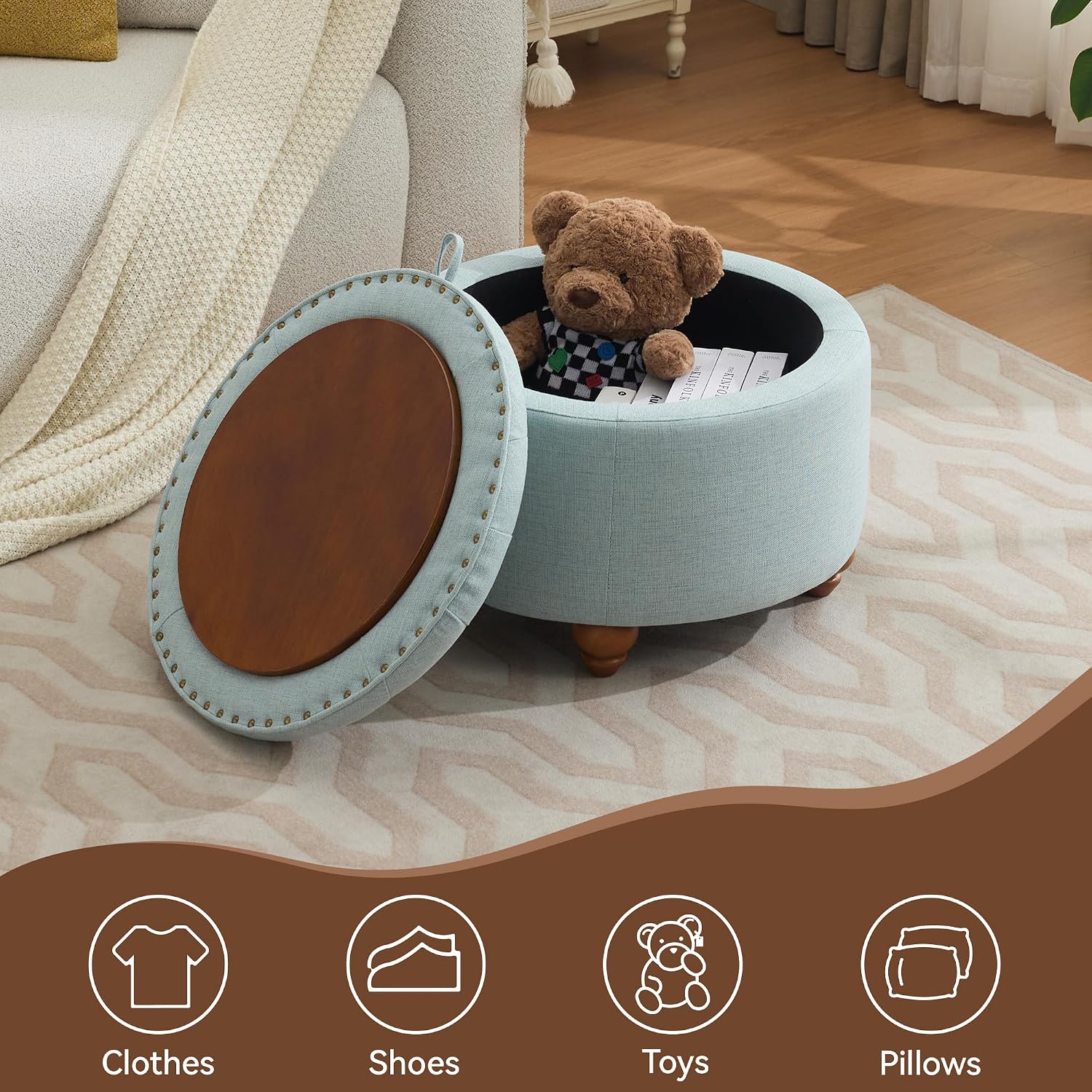 WUTUTUEE 24Inch Round Storage Ottoman with Tray, Modern Tufted Fabric Circle Coffee Table with Storage, Upholstered Ottoman with Removable Top for Living Room, Bedroom, Light Blue