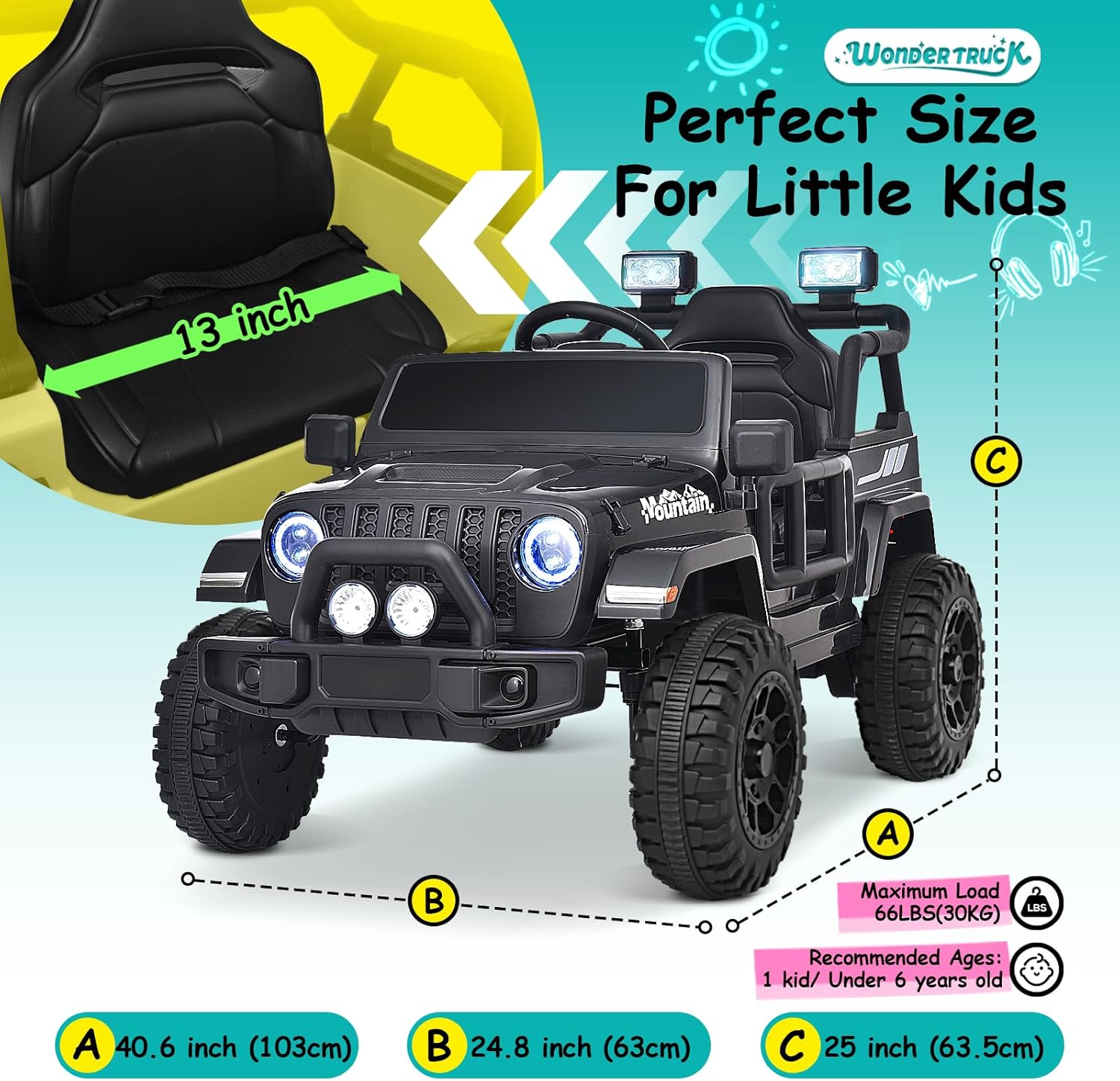 Joywhale 12V Kids Ride on Truck Battery Powered Motorized Car Electric Vehicle for Kids, with Remote Control, 4-Wheel Suspension, LED Lights, Music & FM, Seat Belt, Portable Handle, Black