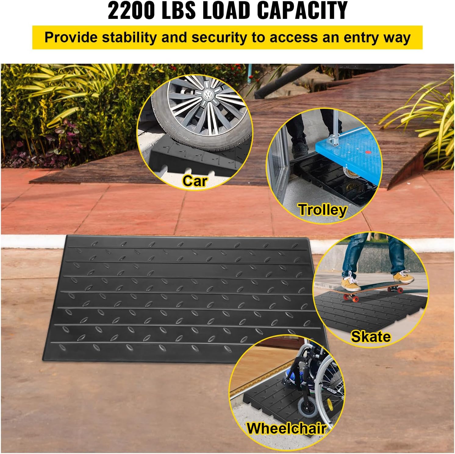 Happybuy Rubber Threshold Ramp, 3' Rise, Doorway Ramp with 3 Channels Cord Cover, Solid Rubber Angled Entry Ramp, 2200 lbs Load Capacity for Wheelchairs and Scooters