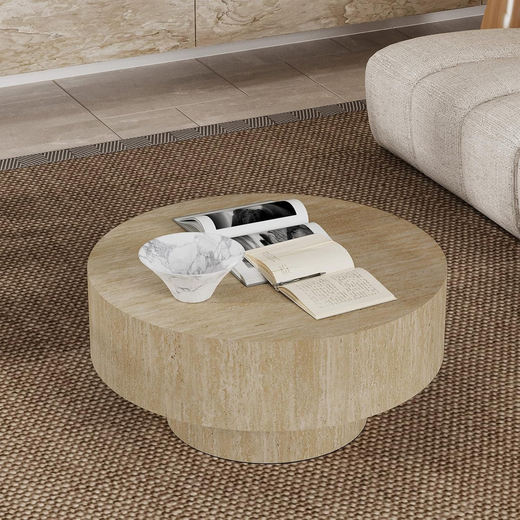 Modern Round Coffee Table, Round Coffee Tables for Living Room Contemporary Low Circle Center Table for Apartment, Farmhouse, Office, Mesa De Cafe (Round Travertine)