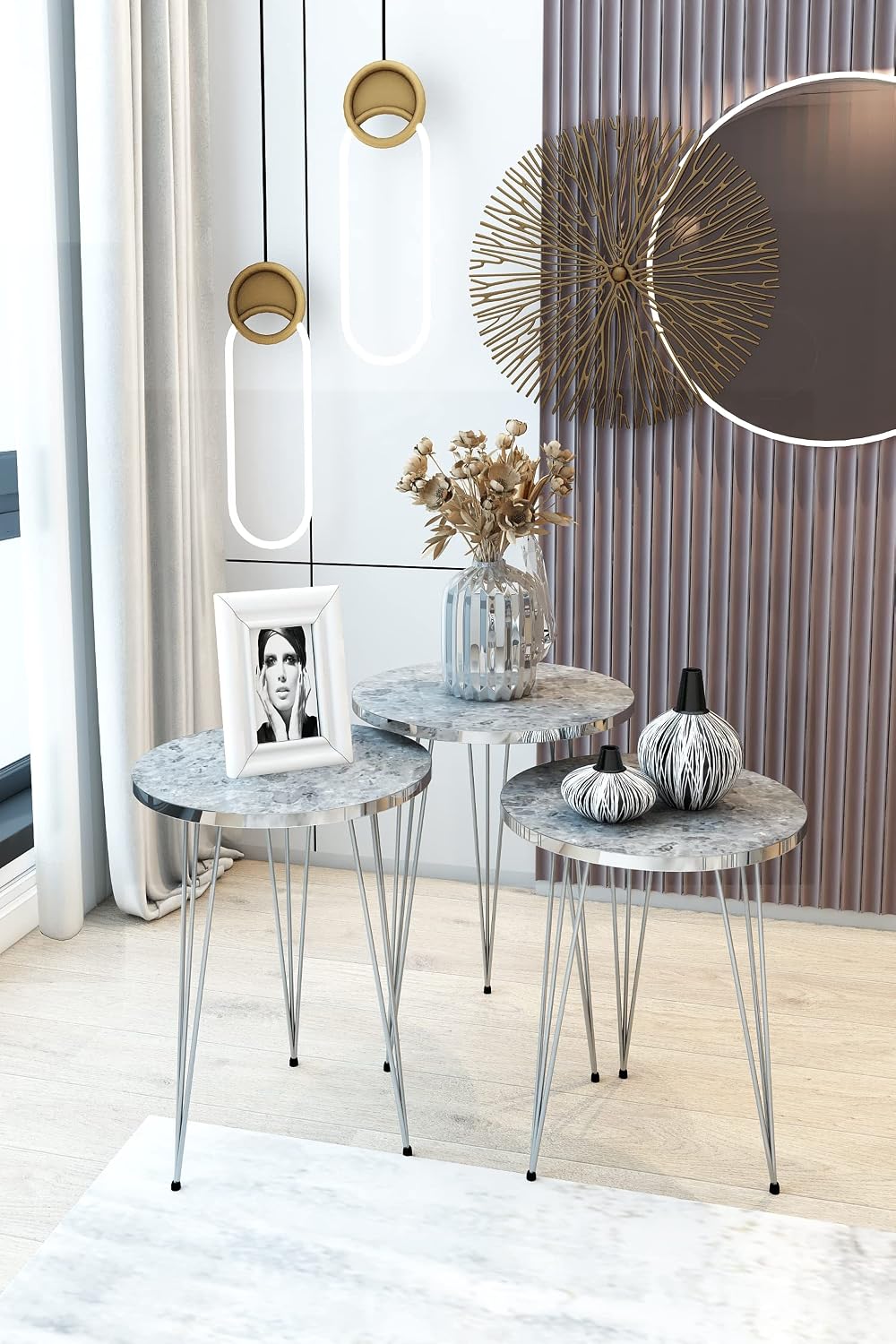 Set of 3 High Gloss Gray Marble Silver Legs Nesting End Tables Round Wood Stacking Coffee Side Accent Table with Metal Legs for Living Room, Home Office, Nightstands for Bedroom