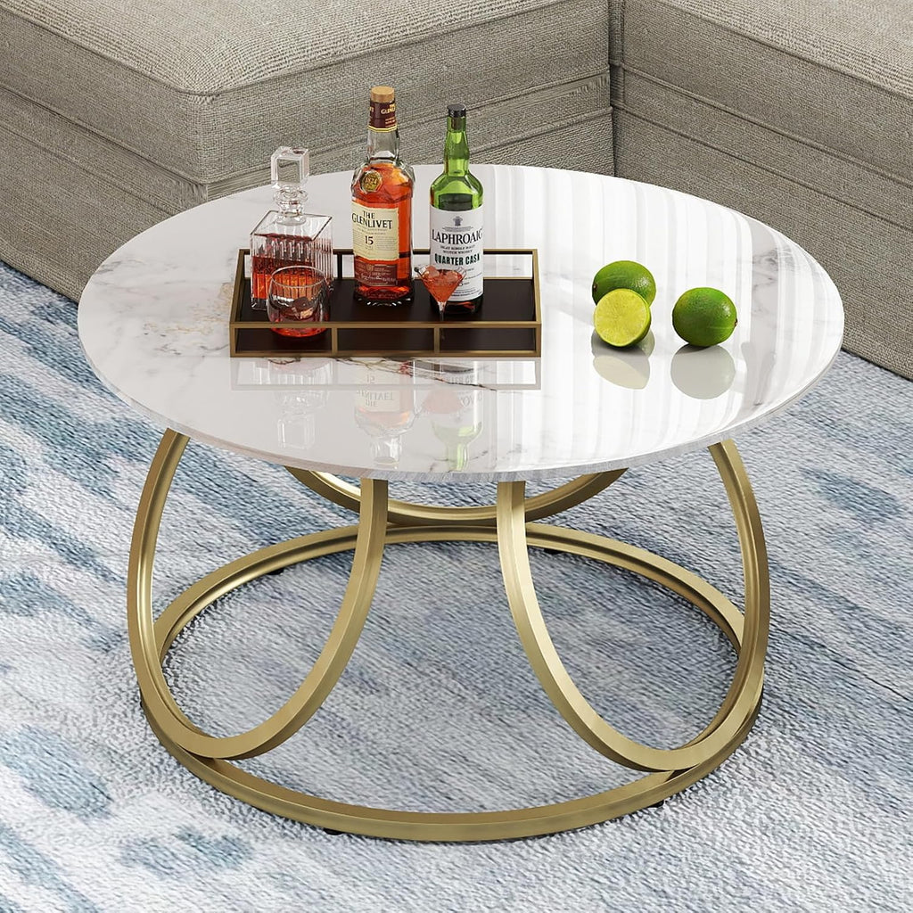 OIOG Round Gold Coffee Table, Modern Coffee Table with Natural Sintered Stone, Marble Look Center Table for Living Room