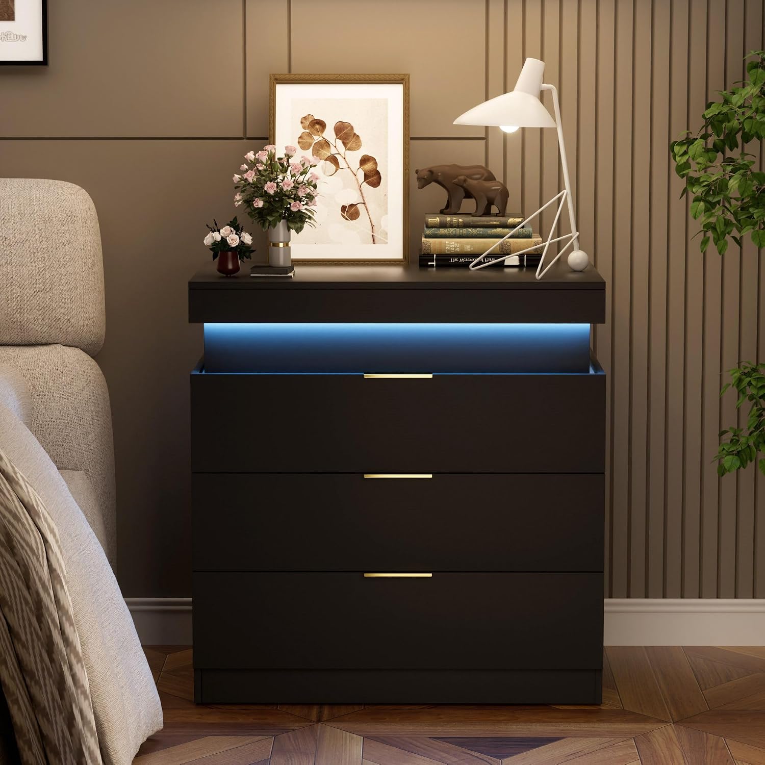 Black Nightstand with Charging Station and LED Lights,30.5 Inch Tall Night Stand with Sliding Top for Bedroom, Bedside Table with 3 Drawers, Modern End Side Table for Living Room