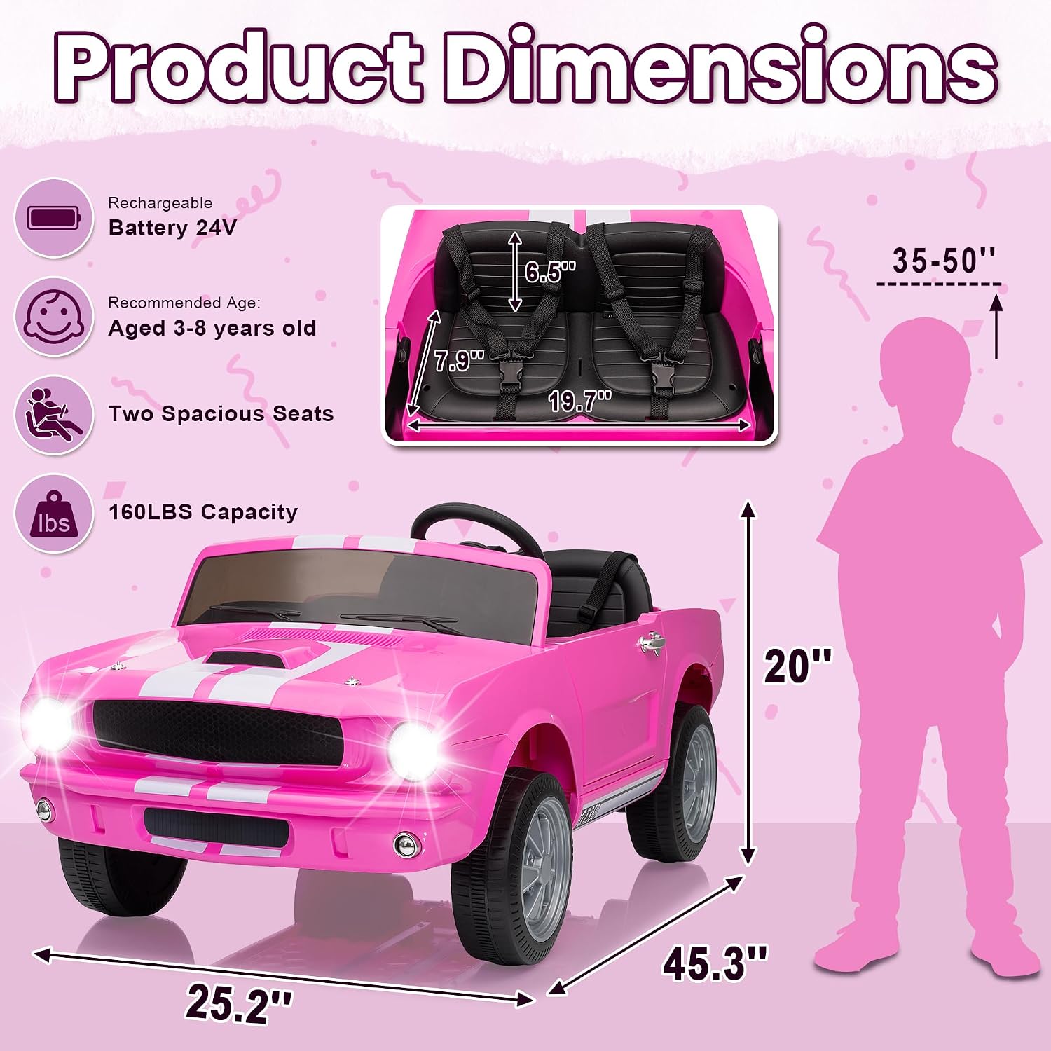 Wanan 24V Licensed Shelby Electric Car for Kids, Ride On Toy with Remote Control, Bluetooth Music, Adjustable 3 Speed, Multiple Panel, LED Lights, Shock Absorbers, Safety Belt (24V, Pink)