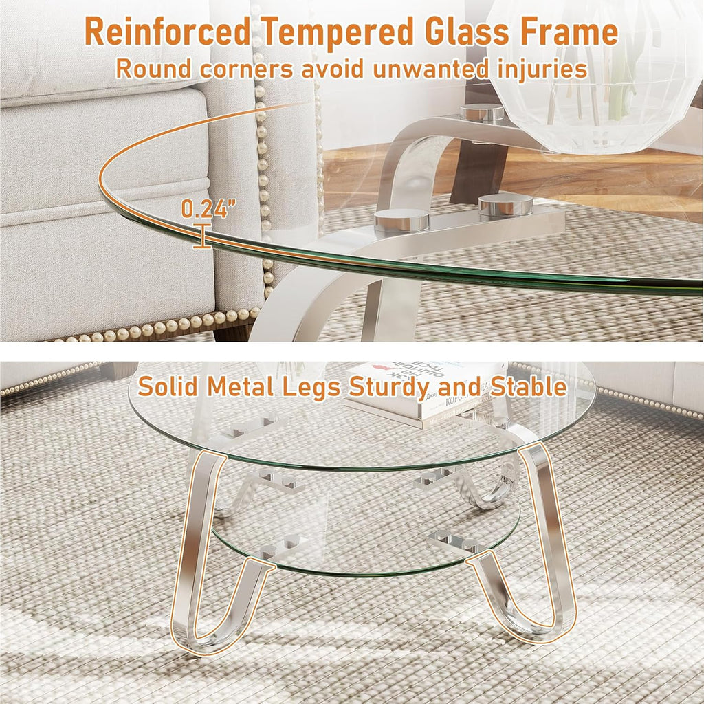 Rovibek Round Glass Coffee Table, 31.5 Modern Round Glass Coffee Tables with Storage and Metal Frame, 2-Tier Tempered Glass Top Small Center Table for Living Room, Easy Assembly, Sliver