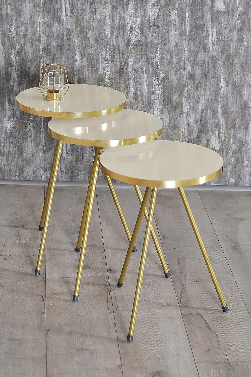 Set of 3 Nesting END Tables - Round Stacking Coffee Side Tables for Small Spaces, Nightstand Bedside Table for Living Room, Bedroom, Living Room, Balcony, NO-Tools Assembly (Beige/Gold, Sunset)