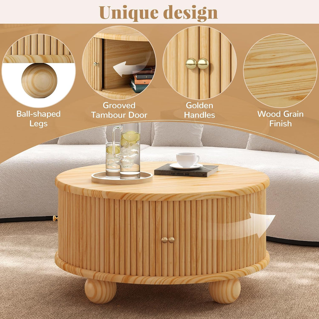 31.8'' Round Coffee Table with Storage Space for Living Room, Modern Fluted Wood Circle Coffee Table, Smooth Sliding Door, Natural