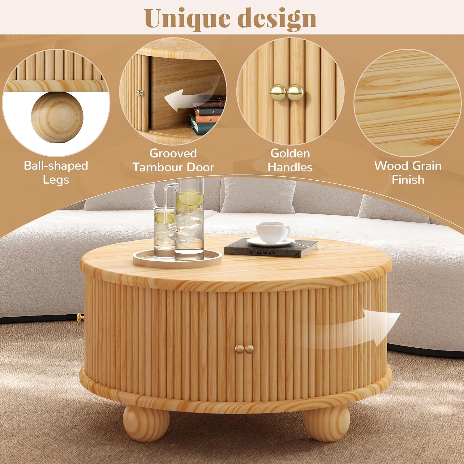 31.8'' Round Coffee Table with Storage Space for Living Room, Modern Fluted Wood Circle Coffee Table, Smooth Sliding Door, Natural