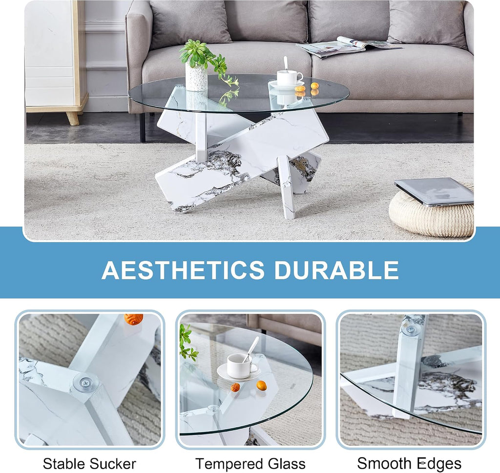 33.4'' Tempered Glass Round Coffee Table for Living Room, Modern Circle Coffee Table, Glass Tabletop & Wood Base, Easy Assembly, White