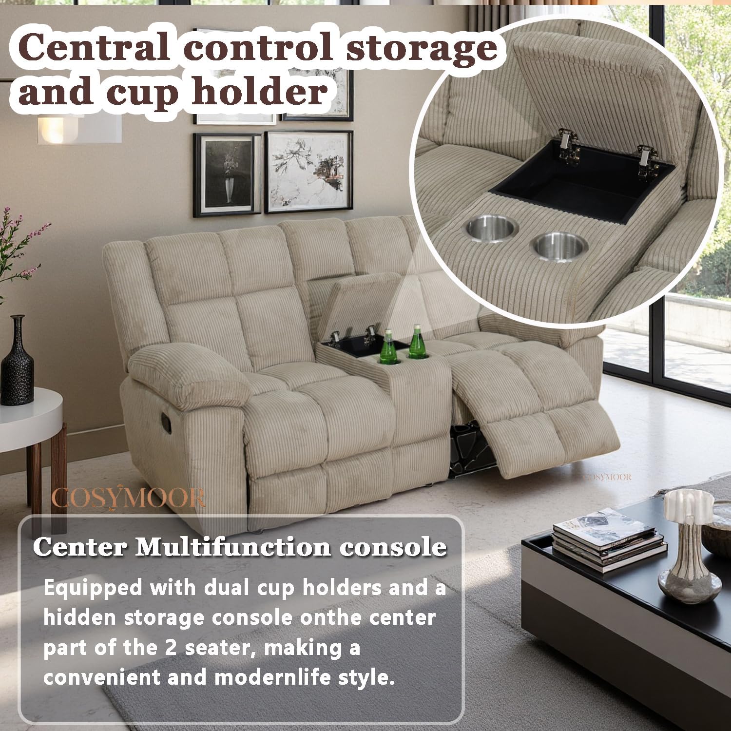 Corduroy Recliner Sofa Set with Cup Holder, 3 Pieces Living Room Furniture Sets, Manual Corduroy Sofa Set with Storage, Modern Reclining Couches for Living Room/Office
