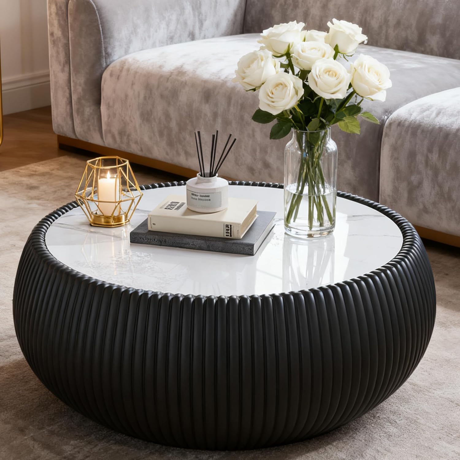 27.55' Round Marble Coffee Table,Modern Fluted Coffee Table with White Sintered Stone Top & Black PU Leather Covered, Modern Drum Coffee Cocktail Center Tables for Living Room,No Need Assembly