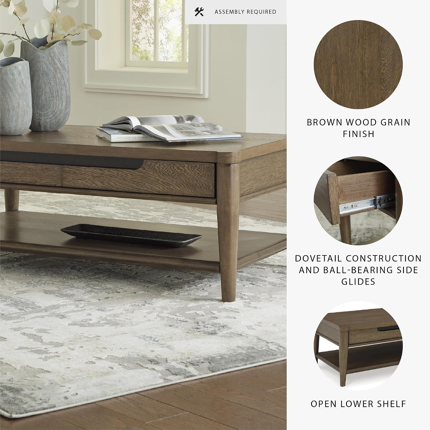 Signature Design by Ashley Roanhowe Contemporary 2-Drawer Coffee Table with Open Lower Shelf and Tapered Legs, Dark Brown