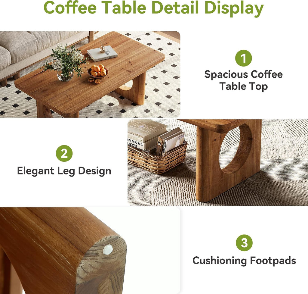 LITTLE TREE Solid Wood Coffee Table, Modern Farmhouse Coffee Table with Thick Tabletop, Rectangle Center Table for Living Room, Home Office, Bedroom, Brown