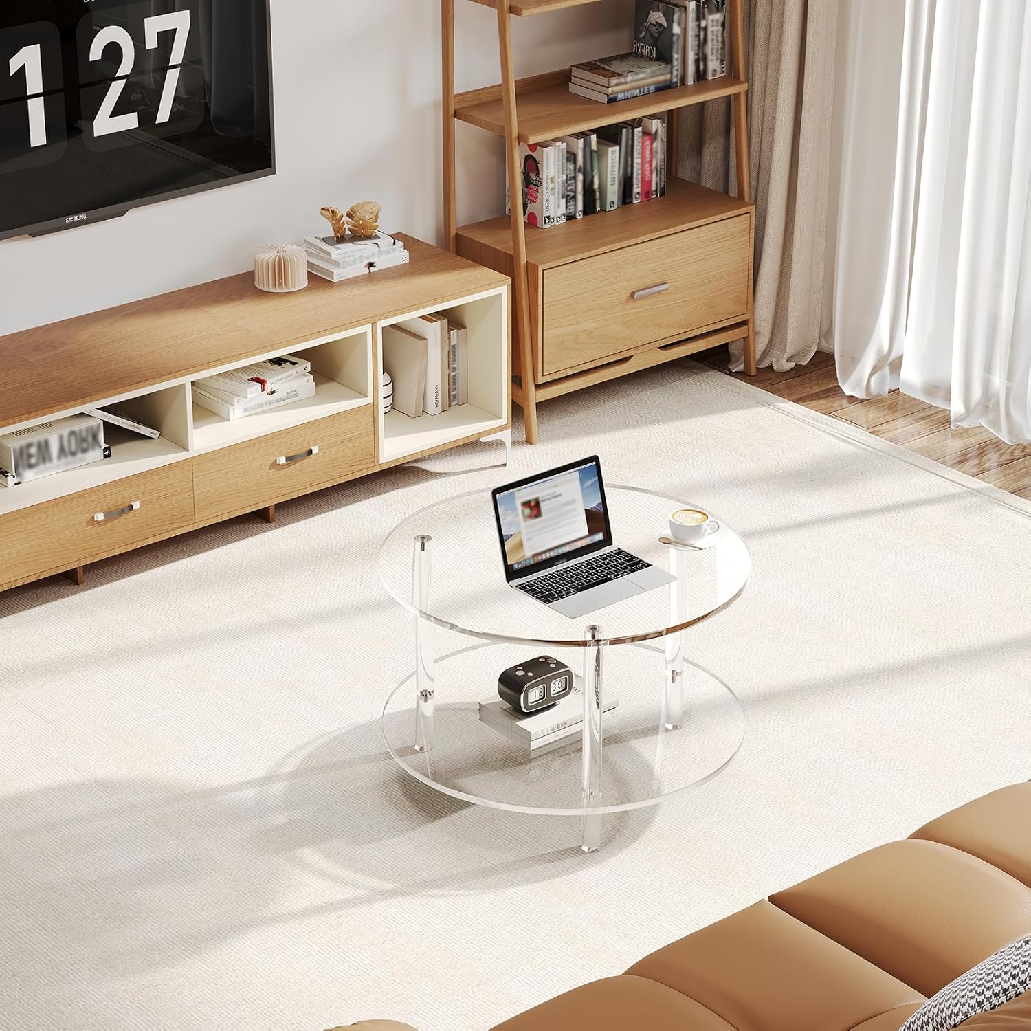 Acrylic Round Coffee Table, 23.6' Wide Modern Tea Table with Storage Shelf, 2-Tier Circle Center Table for Living Room, Office Reception and Apartment (Clear)