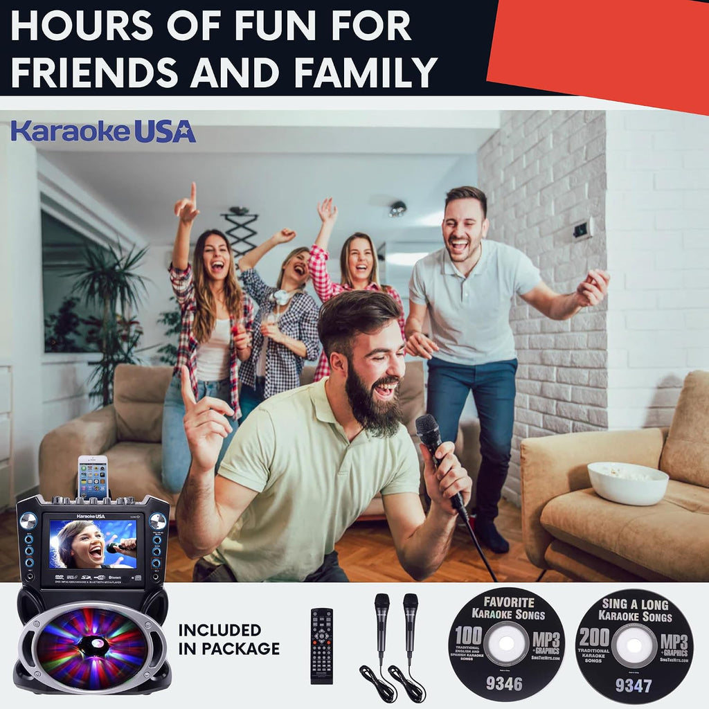 Karaoke Machine with Lyrics Display 7' Screen. CD+G, DVD, MP3+G, MP3, CD & USB. Wireless Bluetooth Speaker with LED Disco Lights. Includes 2 Wired Microphones and 2 Bonus Karaoke Discs By Karaoke USA