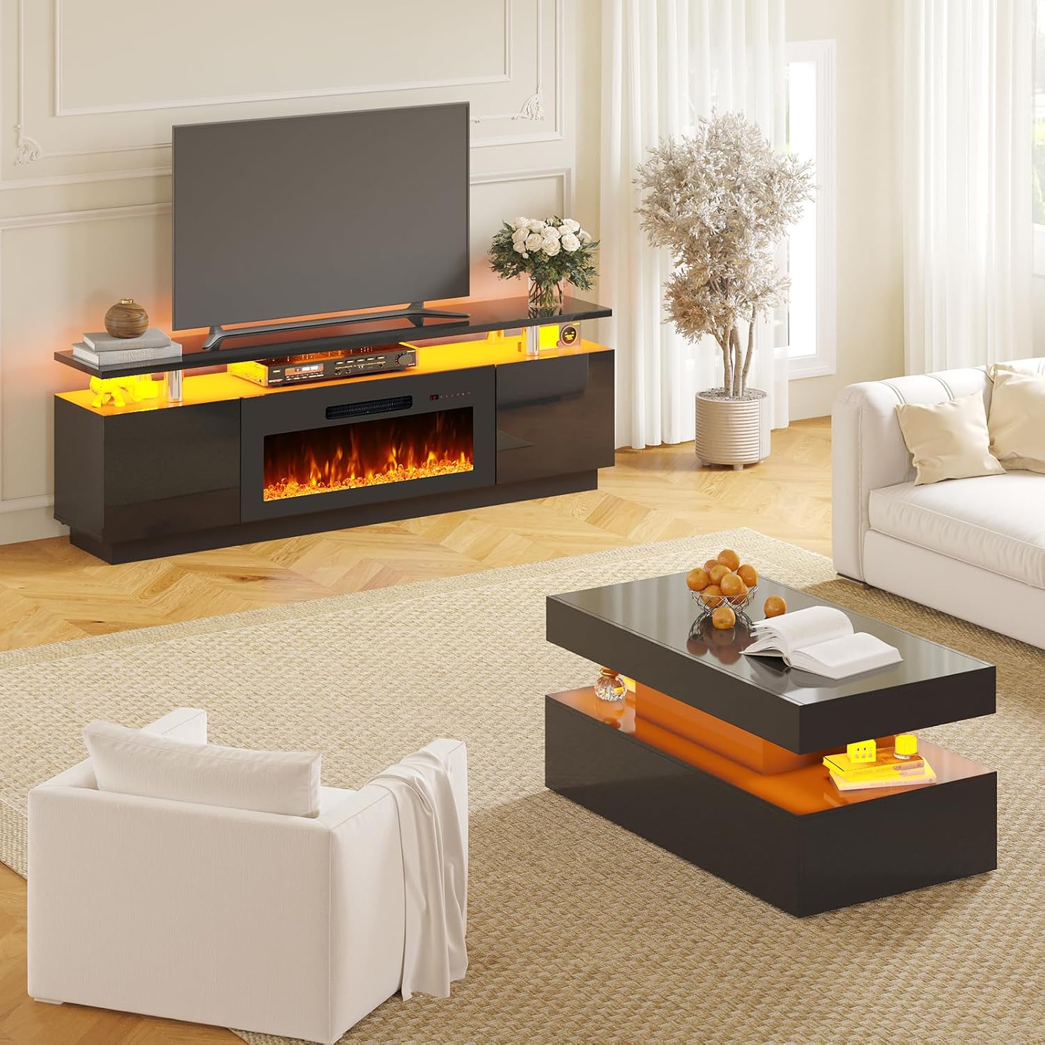 AMERLIFE 3 Piece Modern Living Room Table Set, Includes 70' High Gloss Fireplace TV Stand, 2-Tier Coffee Table, LED Lights Entertainment Center Set for Living Room, Black