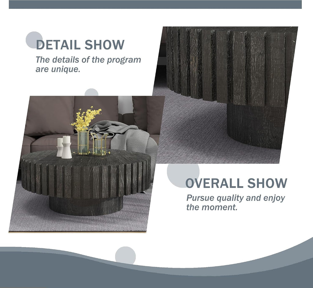 Round Wood Coffee Table for Living Room Modern Rustic Fluted Coffee Table Pedestal Center Table Circle Tea Tables for Apartment Easy Assembly 31.5'' Black
