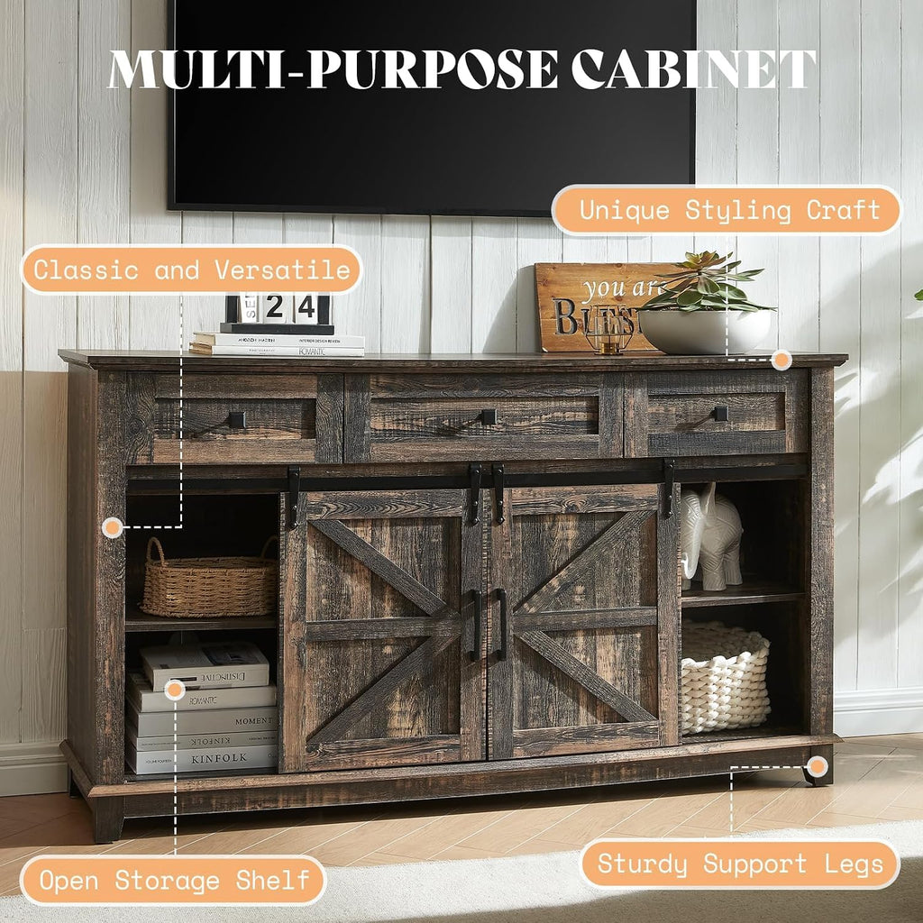AMERLIFE 4 Piece Farmhouse Table Set, TV Stand, 2 Bookcases & Coffee Table, Entertainment Center for 65 Inch Television with Sliding Barn Doors & Storage Drawers, for Living Room, Bedroom, Oak Black