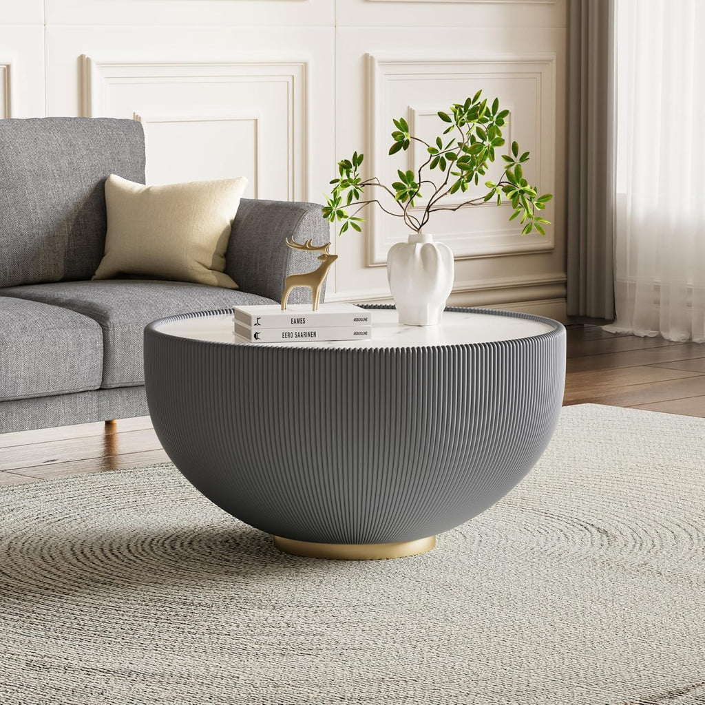 29.53' Round Coffee Table, Modern Cocktail Tables with Decorative Vertical Texture, 29.53 inch Grey Bowl Center Tables, Accent Sintered Stone Coffee Table for Living Room Apartment Office