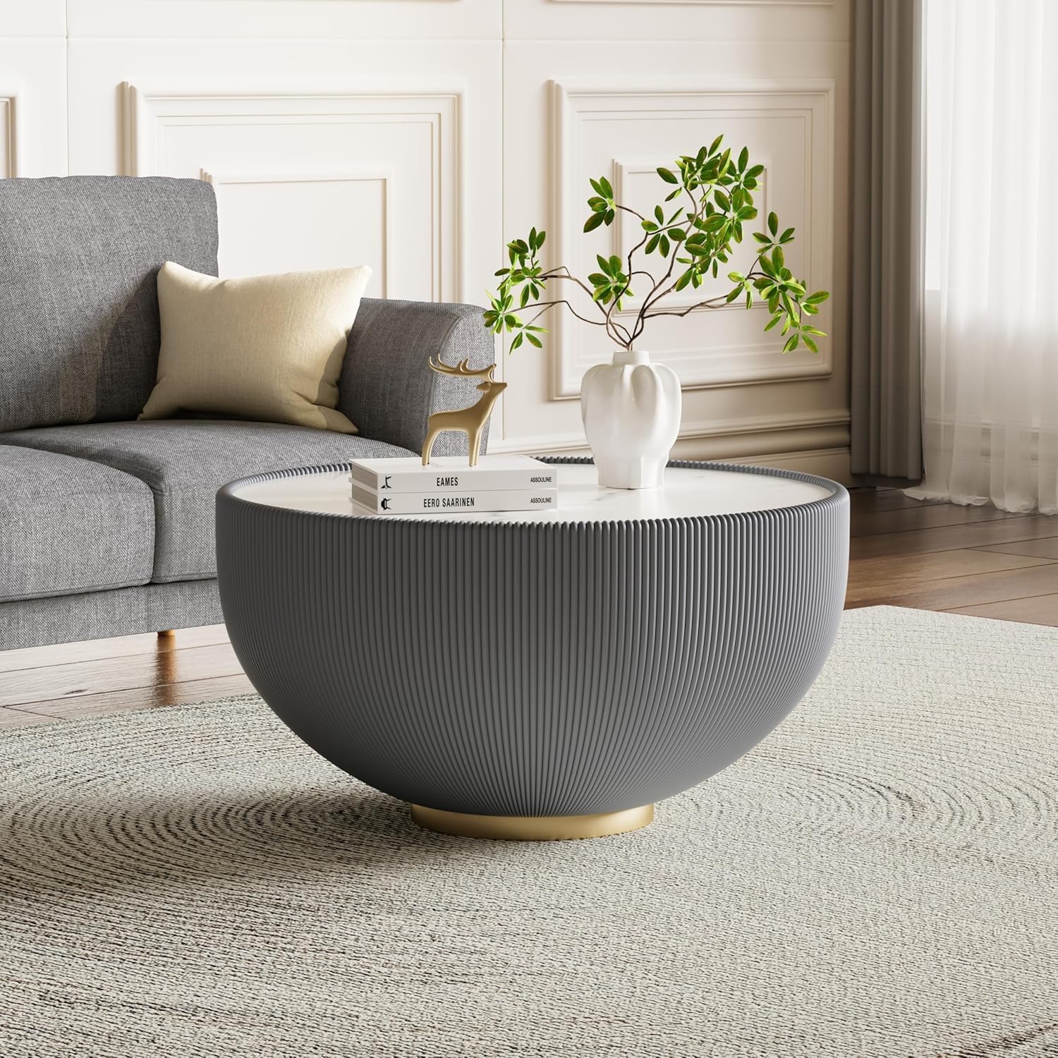 29.53' Round Coffee Table, Modern Cocktail Tables with Decorative Vertical Texture, 29.53 inch Grey Bowl Center Tables, Accent Sintered Stone Coffee Table for Living Room Apartment Office