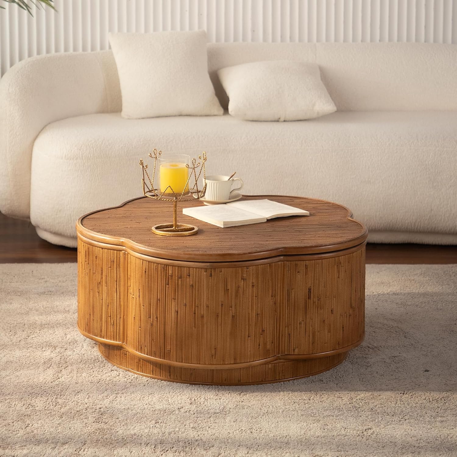 31.5'' Round Coffee Table with Lift-Off Lid Storage, Wood Circle Flower-Shaped Rattan Coffee Table for Living Room, Modern Boho Countryside Farmhouse Style, No Assembly, Natural