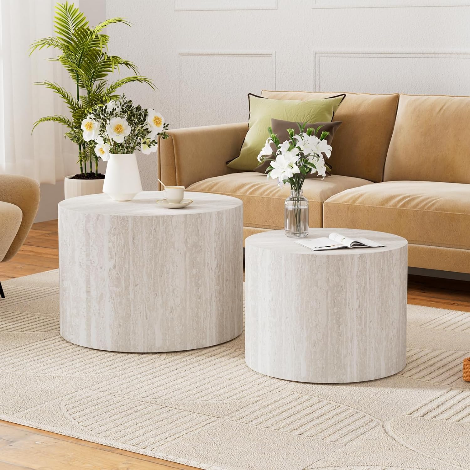 Travertine Round Coffee Table Set of 2, Nesting Coffee Tables and End Table Set Wood Small Circle Drum Side Table for Living Room, Apartment, Office, No Assembly (Travertine)