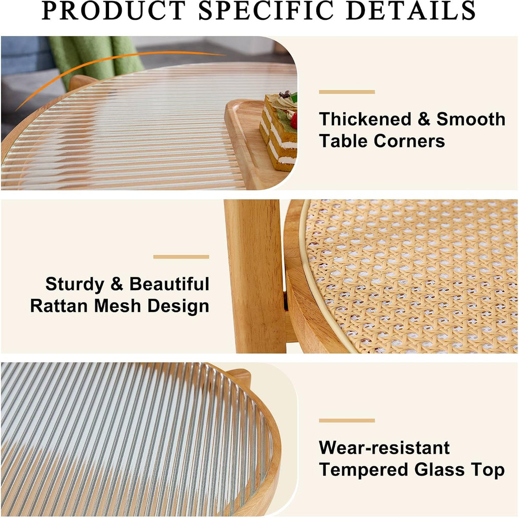 Round Wood Coffee Table with Tempered Glass Top & Rattan Layer, 2-Tier Modern Farmhouse Circle Coffee Table Side Table End Table for Living Room, Easy Assembly (34.6''*17.7'', Wood Color)