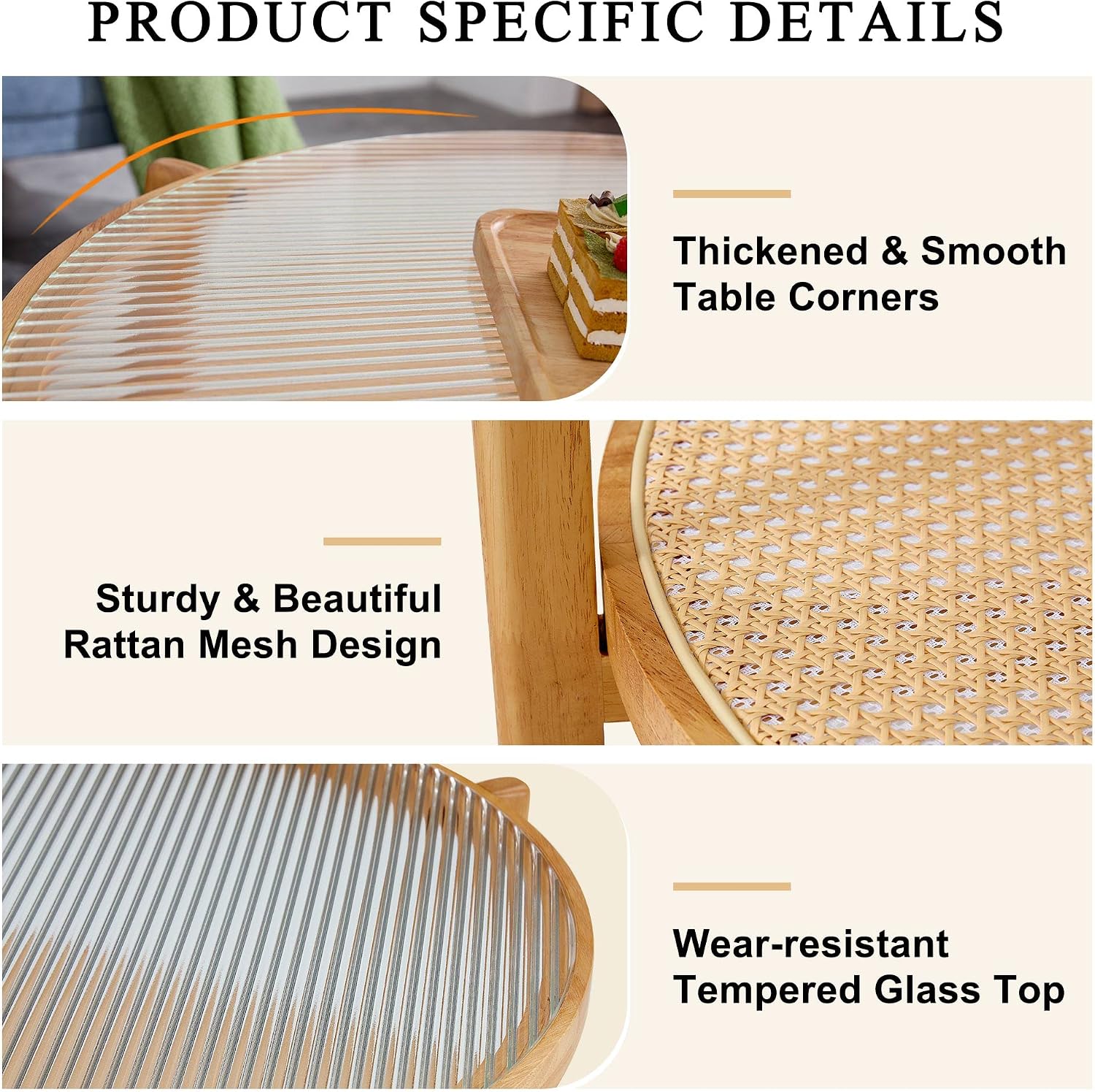 Round Wood Coffee Table with Tempered Glass Top & Rattan Layer, 2-Tier Modern Farmhouse Circle Coffee Table Side Table End Table for Living Room, Easy Assembly (34.6''*17.7'', Wood Color)