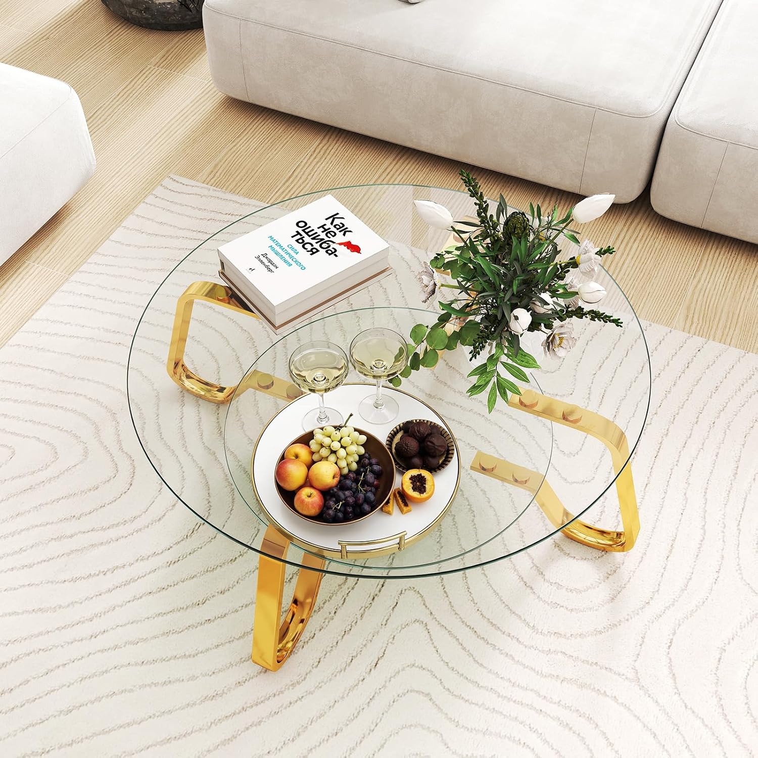 Rovibek Round Glass Coffee Table, 31.5 Modern Round Glass Coffee Tables with Storage and Metal Frame, 2-Tier Tempered Glass Top Small Center Table for Living Room, Easy Assembly, Gold
