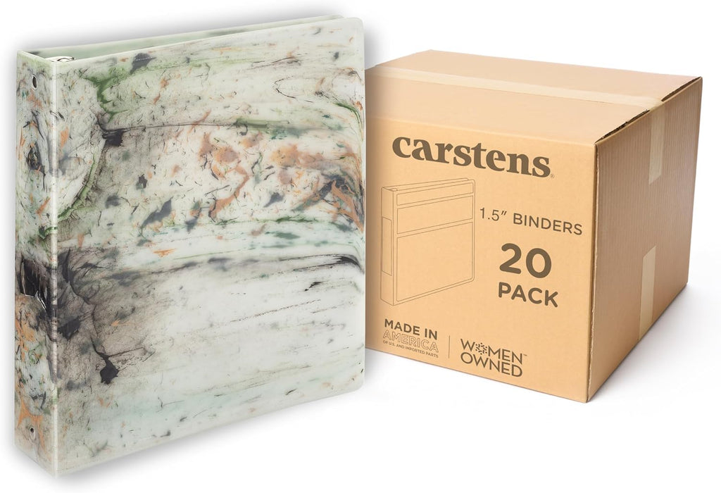 Carstens Limited Edition 1.5-Inch Green Marble Heavy Duty 3-Ring Binder – Side Opening, Waterproof, Durable Plastic, No-Gap Rings, Holds 250 Sheets, BPA-Free, Made in USA (2053-3R), Case of 20