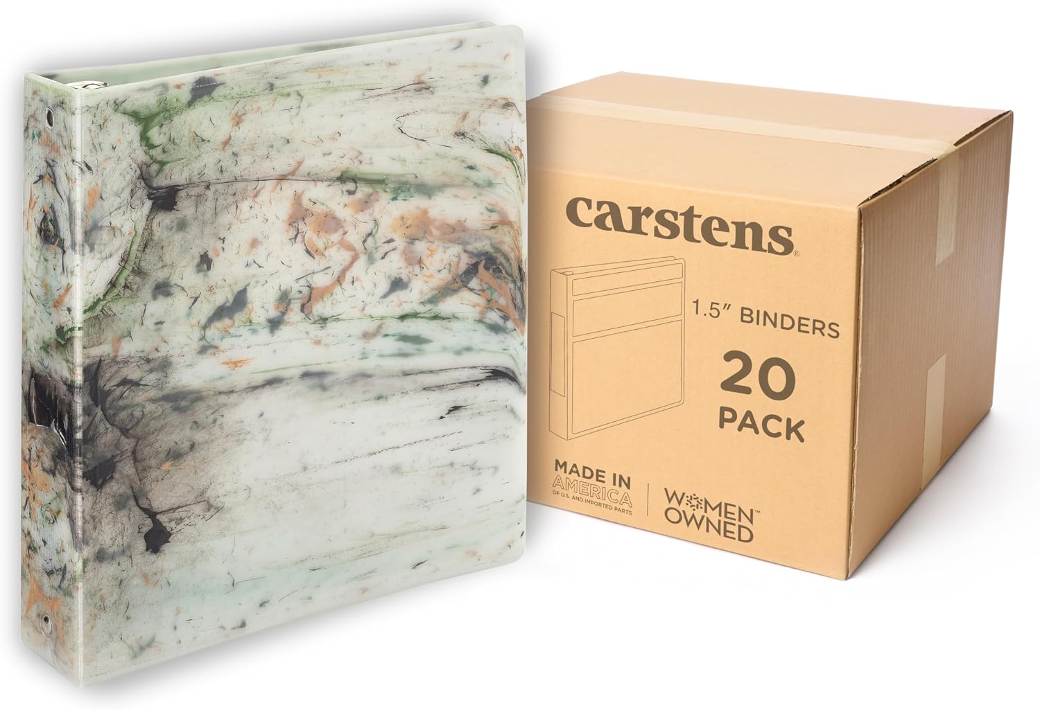 Carstens Limited Edition 1.5-Inch Green Marble Heavy Duty 3-Ring Binder – Side Opening, Waterproof, Durable Plastic, No-Gap Rings, Holds 250 Sheets, BPA-Free, Made in USA (2053-3R), Case of 20