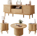 MAISONARIA Living Room Table Sets of 4, Sliding Doors End Table & TV Stand, Wood Coffee Table with Storage, Fluted TV Stand for Bedroom, Living Room (Natural)