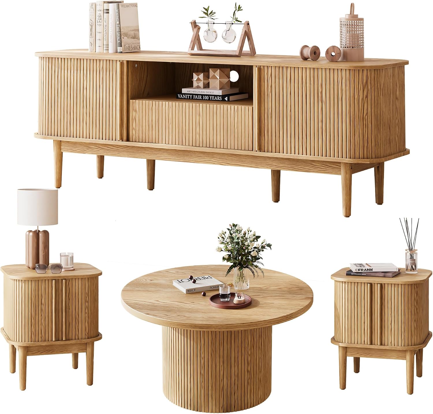 MAISONARIA Living Room Table Sets of 4, Sliding Doors End Table & TV Stand, Wood Coffee Table with Storage, Fluted TV Stand for Bedroom, Living Room (Natural)