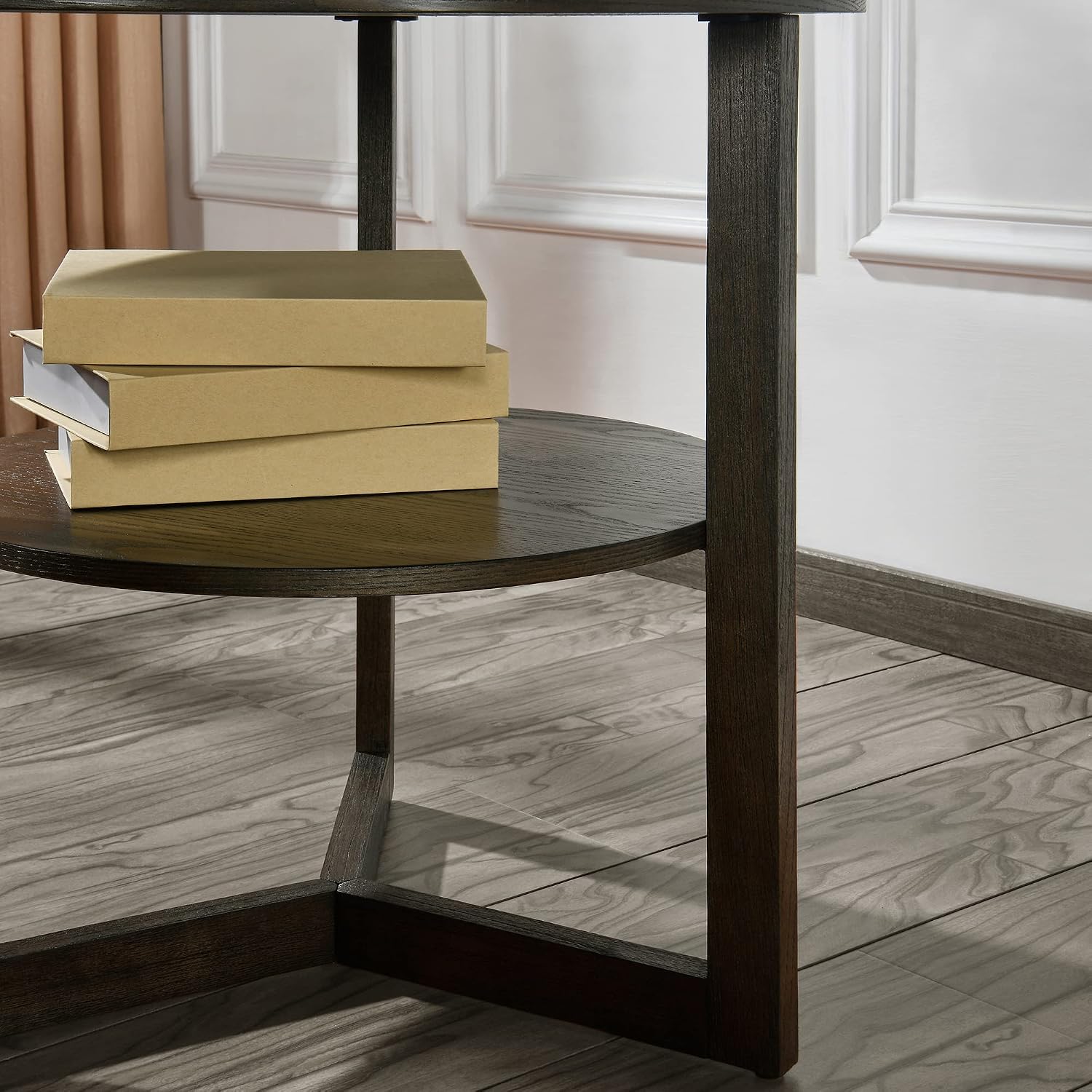 PADMA HOUSE 25' Round Wood End Table, 2-Tier Solid Wood Rounded Accent Side Table Circle Nightstand Table with Storage Shelf Vintage Furniture for Home Living Room Bedroom,Black Brown 3338BK